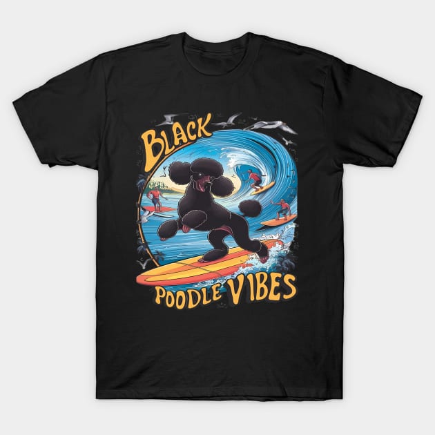 Aquatic Black Poodle: Surfing the Big Wave T-Shirt by coollooks